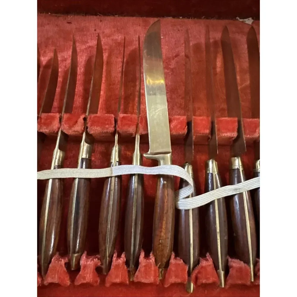 Vintage Thai Brass and Rosewood Flatware Set In Box - Svc for Twelve 142 PC READ